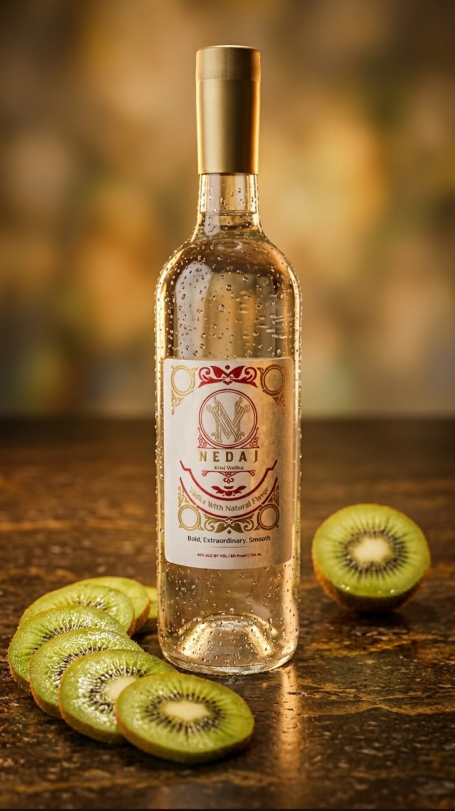 Nedaj Kiwi Vodka bottle with fresh kiwi